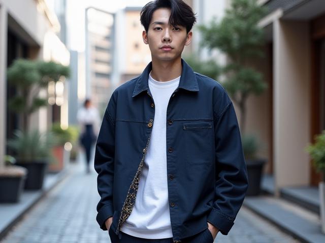 和柄の裏地が付いたネイビーのカジュアルジャケット、日本人男性モデル着用